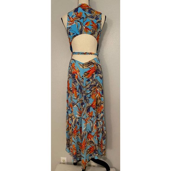Mahina Maui Boutique Long Wrap Dress Sundress Floral Open Back Hi-Lo Hemline M - Picture 5 of 12
